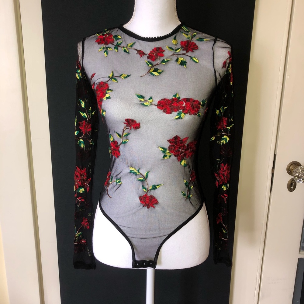 Topshop sheer Embroidered Black Long Sleeve